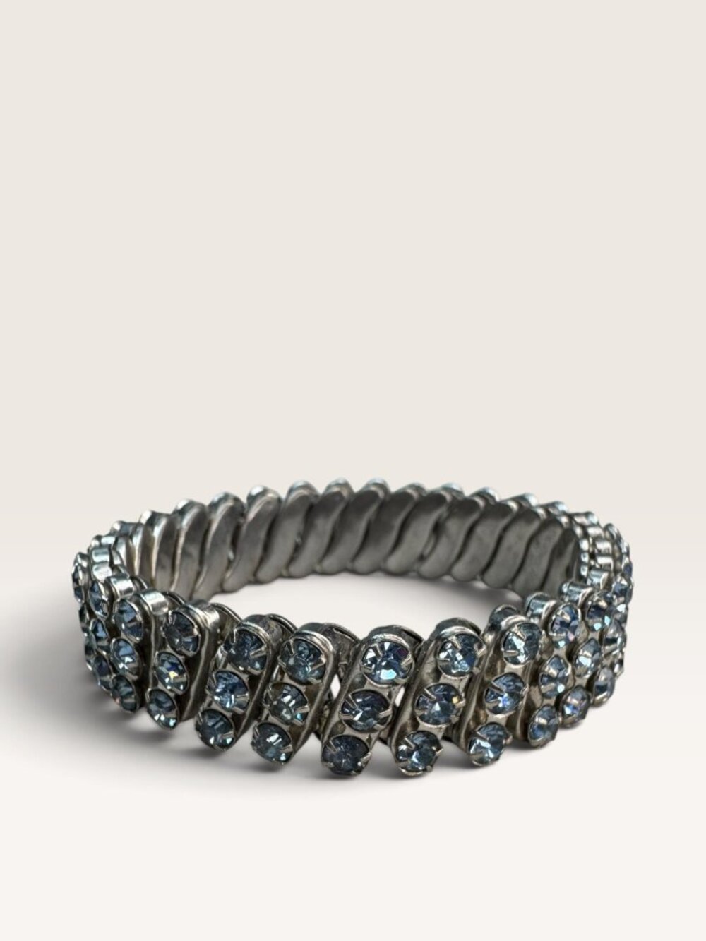1950s British Hong Kong Ice Blue Rhinestone 3 Row Expansion Bracelet .55"